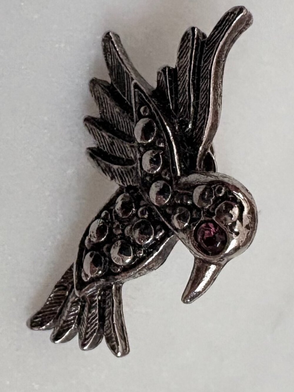 Vintage 90s Avon Silver Hummingbird Post Earrings Faux Marcasite Purple Eye